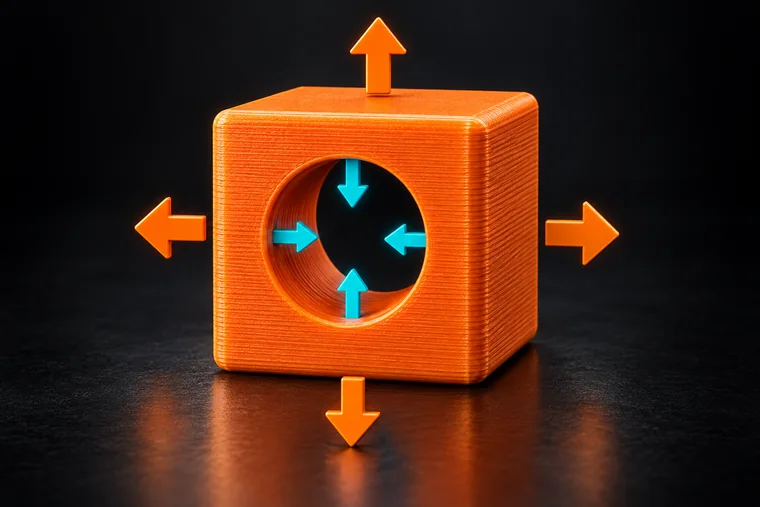 Würfel: Außenkanten wachsen nach außen (orange Pfeile), das Loch wird enger (cyan Pfeile)